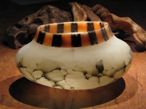 Large Temple Bowl of white, orange, and agate red Alabaster stone.